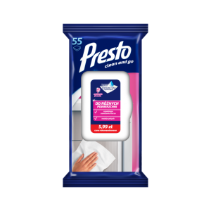 PRESTO CLEAN ŚCIERECZKI NAWILŻANE 55 SZTUK DO RÓŻNYCH POWIERZCHNI